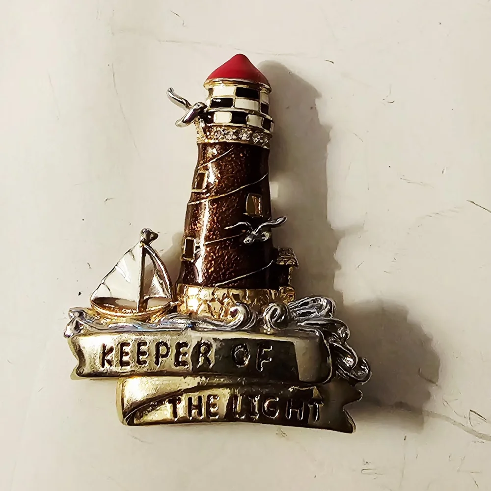 Lighthouse Scene With Water, Boat And Bird Red, Gold, Silver, Brown Brooch